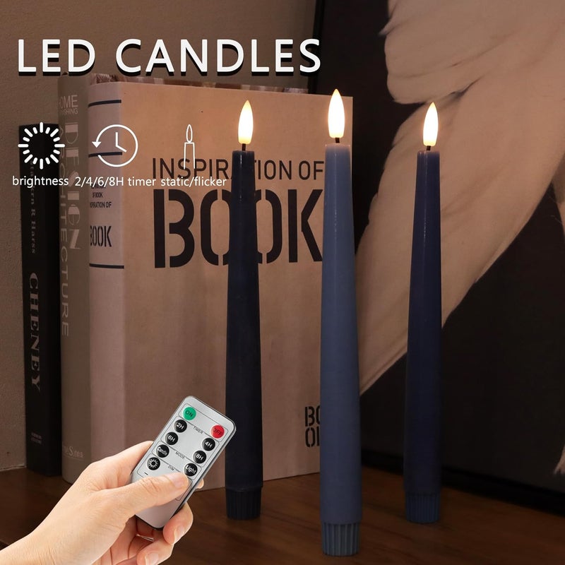 AFINETH Blue Flameless Taper Candles, 9.6" Real Wax Battery Operated Candles with Remote, 3 Pack Flickering, Gradient Candlesticks, Fake Candle for Home, Wedding, Party Decor - Image 3